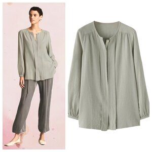 POETRY Pale Sage Green Linen Blend Buttoned Collarless Blouse Relaxed size 14